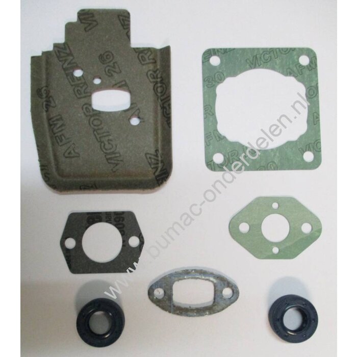 Pakkingset voor Stihl Bosmaaier, Heggenschaar, Combimotor Stihl FS38, FS45, FS46, FS55, HL45, KM55, MM55, Dichting voor Stihl FS38, FS45, FS46, FS55, HL45, KM55, MM55, 3x Inlaatpakking, Cilinderpakking, Uitlaatpakking, 2x Keerring 12x22x7