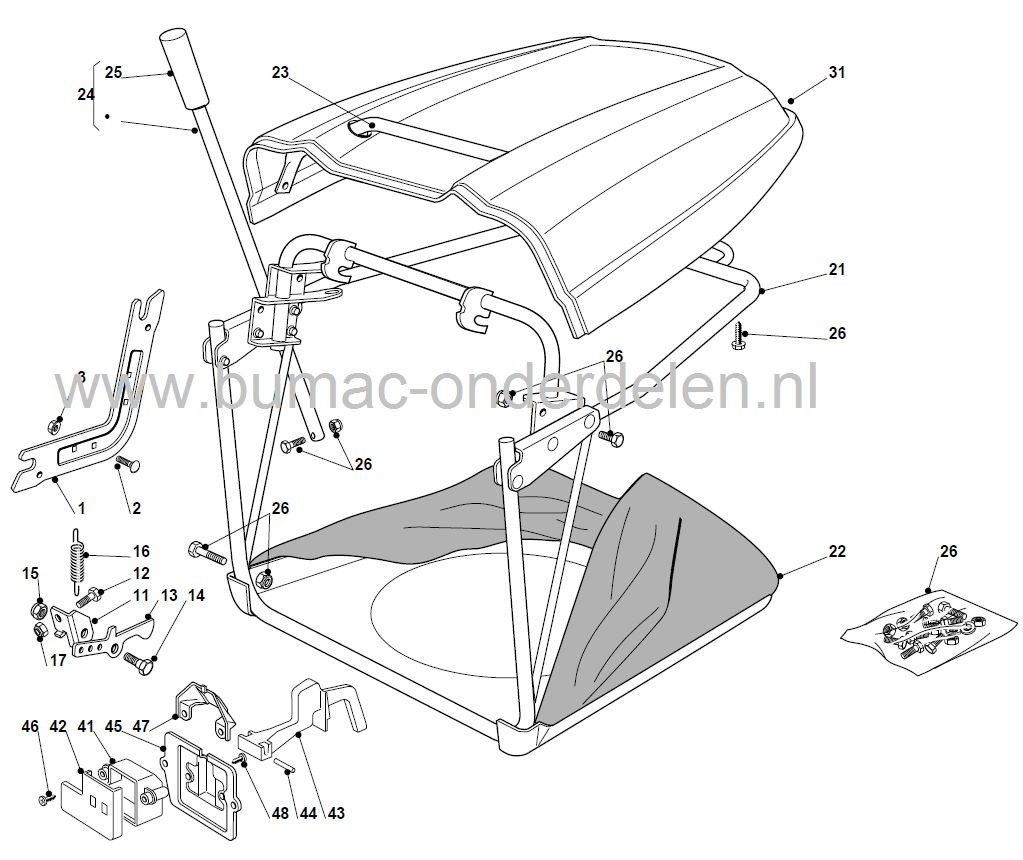 Veer voor Vangbak Vergrendeling bij Castelgarden J92 - PT135HD - PT140HD - PT170HD - XDL170 - XDL190, Stiga Senator - Tornado II - HST108, Alpina TC-HF-22, Dolmar en Makita TM102, Solo 575H, Zitmaaiers, Castel Garden