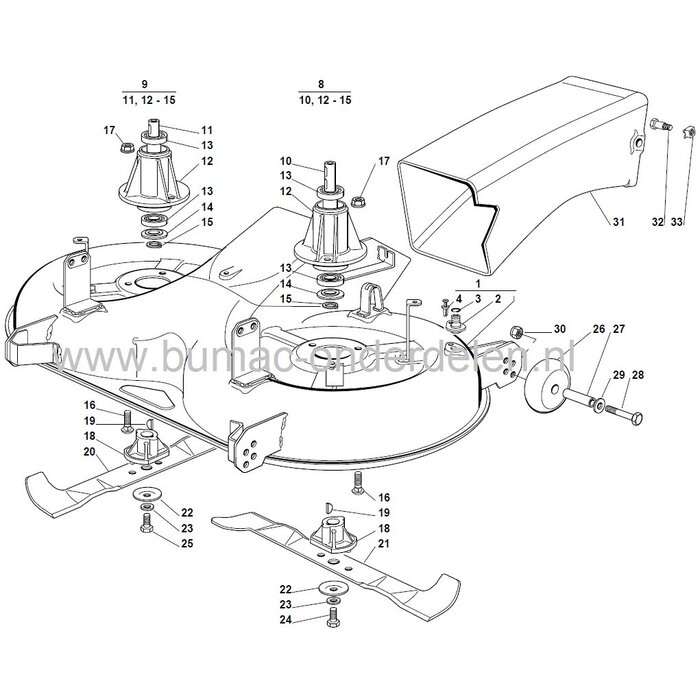 Rechter Mesas met huis Compleet voor Castel Garden, Stiga, Honda, Viking, Sabo, Mountfield, Alpina, Sabre, JohnDeere Zitmaaier Lagerhuis Compleet voor Maaidek