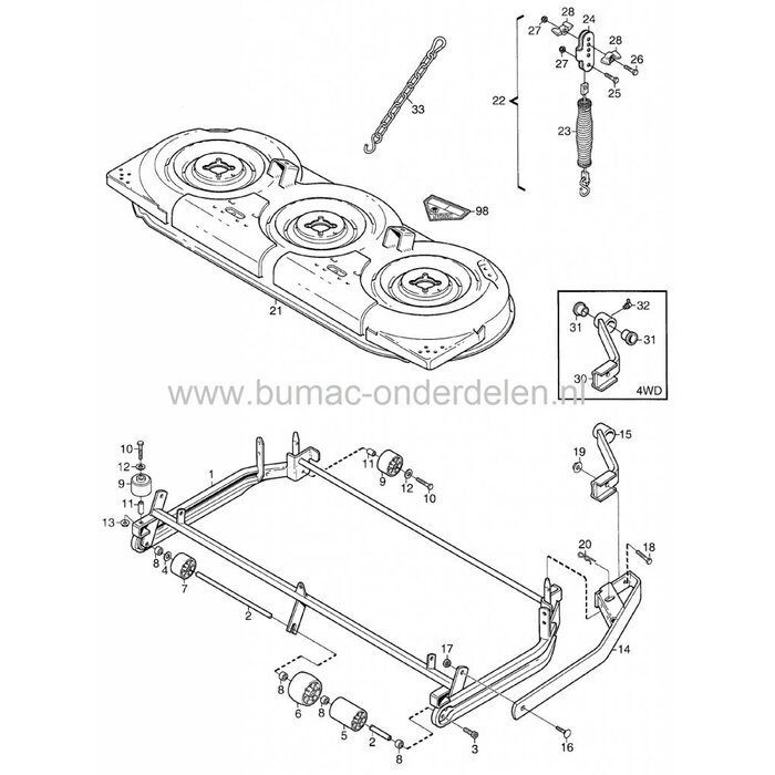 As voor de Steunwielen van Stiga Park 121M, Castelgarden, Mountfield, Vooras voor Frontmaaiers met een Maaibreedte van 121 Cm, Mulch, Castel Garden