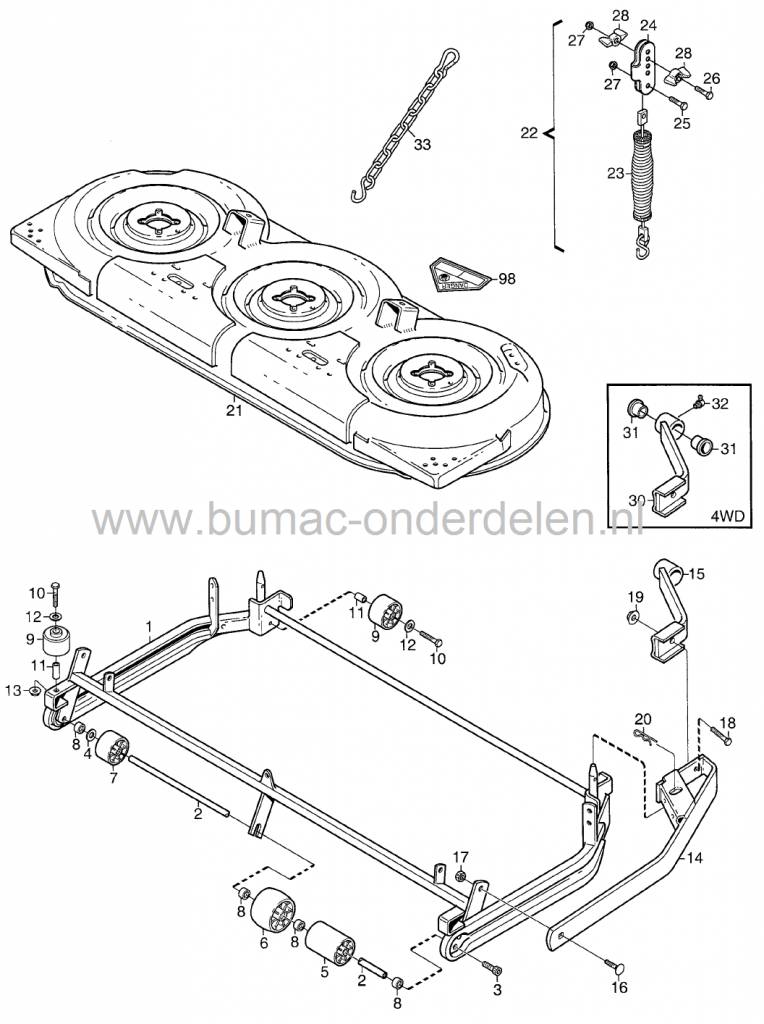 As voor de Steunwielen van Stiga Park 121M, Castelgarden, Mountfield, Vooras voor Frontmaaiers met een Maaibreedte van 121 Cm, Mulch, Castel Garden