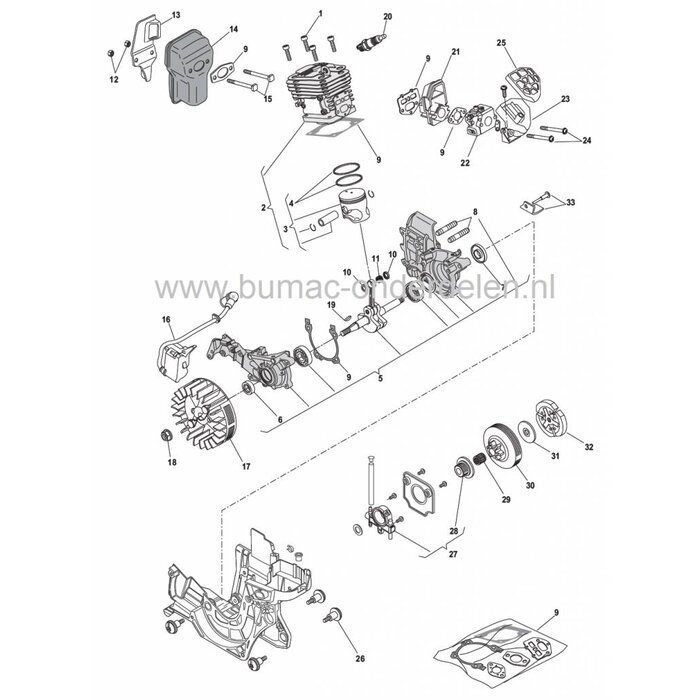SP350 - SP350Q - SP352 - SP400 - SP400Q - XC35 - XC40 - XC350 - XC350Q - XC400 - XC400Q - MC3514 - MC3514Q - A350 - A350Q - P352 - A400 - A400Q, Naaldlager voor Motorzaag, Kettingzaag van Stiga, Castelgarden, Mountfield, Alpina, Naald Lager, Castel Garden