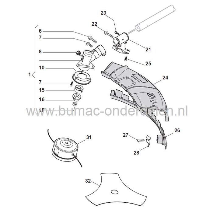 SB44 - SB26 - SB26J - SB28J - SBK27 - SBK35 - SBK45 - SB34 - XB26 - XB34 - TB26 - TB34, Meshouder Boven voor Stiga - Castelgarden - Mountfield - Alpina, Bosmaaier, Trimmer, Strimmer, Klemring, Mes Houder, Castel Garden