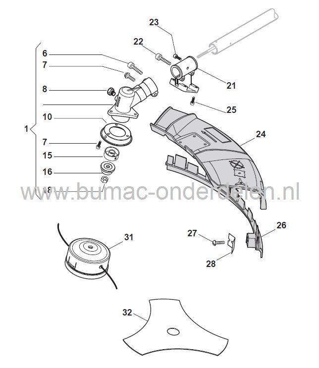 SB26 - SB26J - XB26 - TB26 - SB28J - SBK27 - SB34 - XB34 - TB34 - SBK35 - SB44 - SBK45, Meshouder Onder voor Stiga - Castelgarden - Mountfield - Alpina, Bosmaaier, Trimmer, Strimmer, Klemring, Onderste Mes Houder, Castel Garden