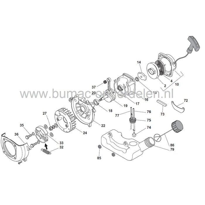 Stiga Starterveer BJ 325 - BJ 335 - SB 26 - ST 26 - ST 26 J - XR 26 - XB 26 - XB 26 D - XB 26 J - XB 26 JD - TB 26 - TR 26, SBL 260 H, XBL 260H, MBL 260 H, BL 260H Starterveer voor Bosmaaier, Stiga, Castelgarden, Mountfield, Alpina, Startveer, Trimmer, St