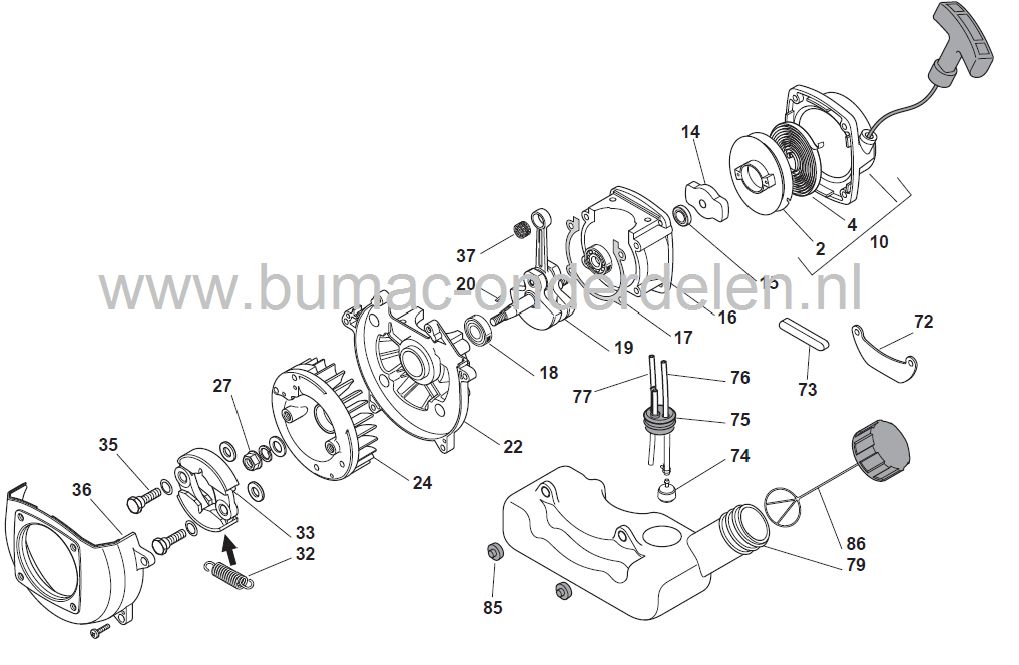 Stiga Starterveer BJ 325 - BJ 335 - SB 26 - ST 26 - ST 26 J - XR 26 - XB 26 - XB 26 D - XB 26 J - XB 26 JD - TB 26 - TR 26, SBL 260 H, XBL 260H, MBL 260 H, BL 260H Starterveer voor Bosmaaier, Stiga, Castelgarden, Mountfield, Alpina, Startveer, Trimmer, St