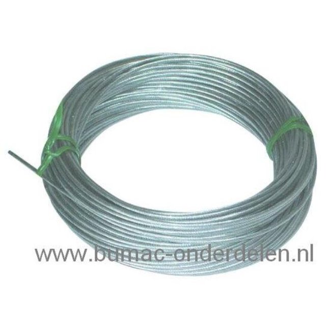 Binnenkabel Ø 2 mm Flexibele Kabel op Rol van 25 Mtr, Te gebruiken als Koppelingskabel, Gaskavel, Bedieningskabel, Remkabel, Chokekabel, Stuurkabel, Motorremkabel voor Grasmaaier, Zitmaaier, Frontmaaier, Tuinfrees, Scooter, Quad, Brommer, Minikraan, Trilp