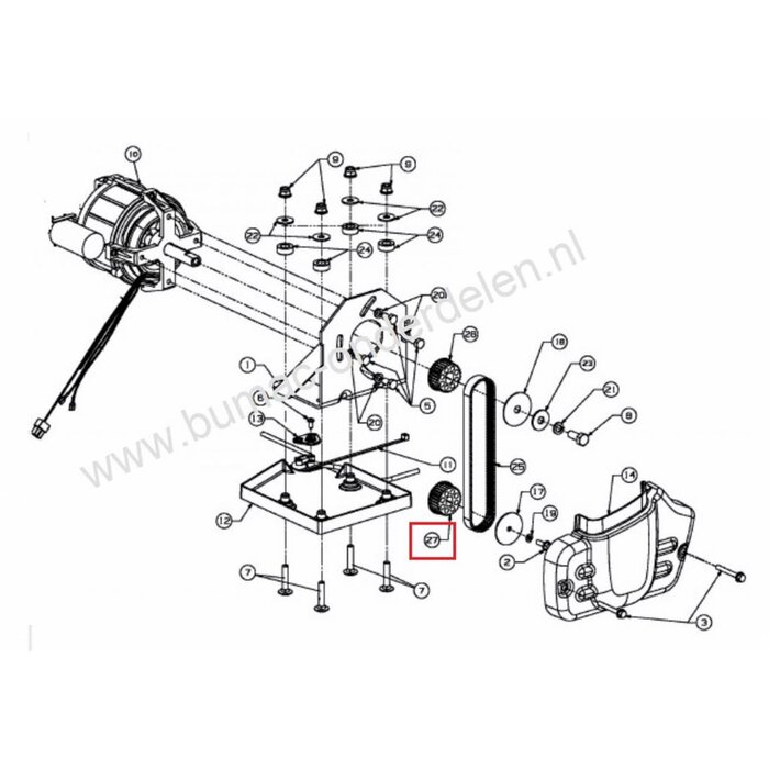 Getande Poelie voor MTD VE40 Verticuteermachine, Onderste Poelie op de as met Messen van MTD VE 40 Verticuteer Machine,   Poelie voor Verticuteermessen Aandrijving onderdeel