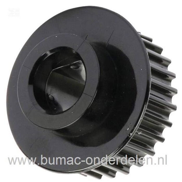 Getande Poelie op as Elektromotor van MTD VE40 Verticuteermachine, Pouly voor Messen Aandrijving MTD VE 40 Verticuteerder onderdeel