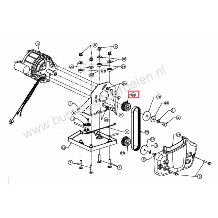 Getande Poelie op as Elektromotor van MTD VE40 Verticuteermachine, Pouly voor Messen Aandrijving MTD VE 40 Verticuteerder onderdeel