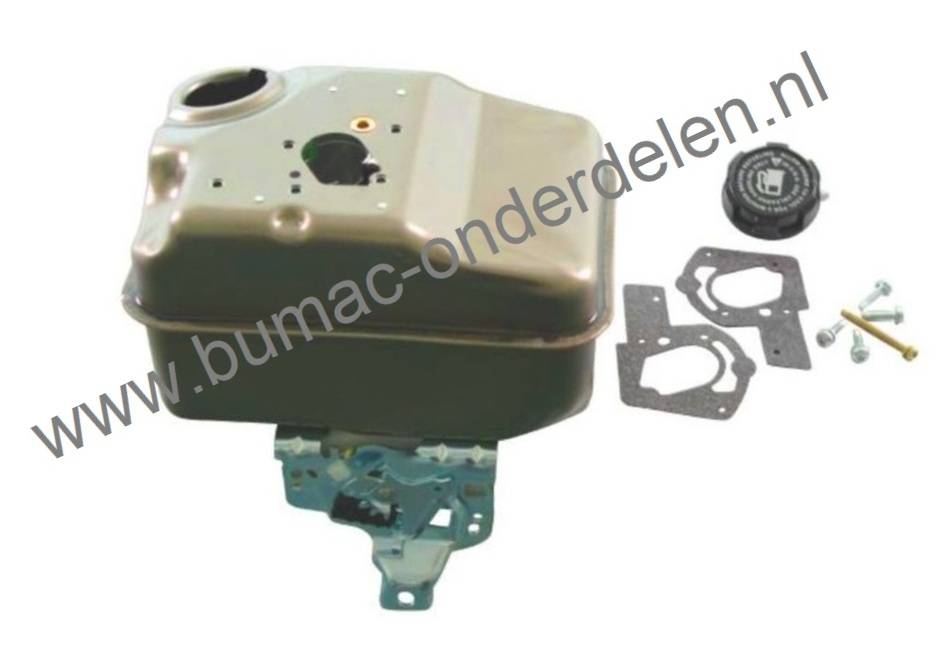 Benzinetank voor Briggs en Stratton Motor van 3 T/m 5 Pk met Horizontale Krukas op Kooimaaier, Verticuteermachine, Kantensnijder, Veegmachine, Tuinfrees, Generator, Houtversnipperaar, Aggregaat, Hakselaar, Hakfrees Brandstoftank