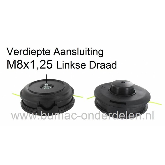 Draadkop TAP-N-GO voor Efco - Stiga - Castelgarden - Mountfield - Alpina Bosmaaier Verdiepte Aansluiting Linkse Draad M8x1,25 Maaikop met Tip Toets voor Draad Verlenging, Maaidraad 2,4 mm Onder andere voor Efco Motorstrimmer, Bermmaaier, Motorzeis