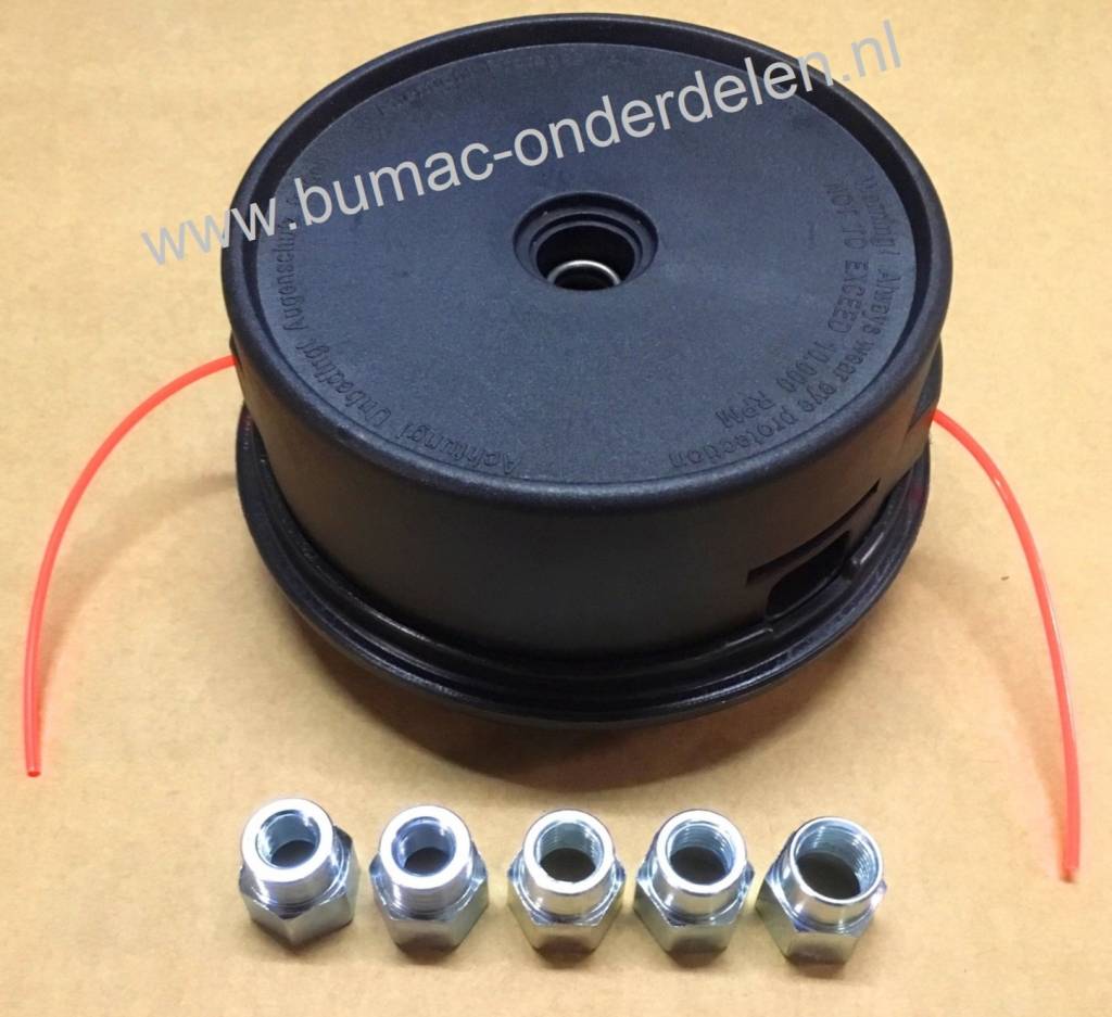 Draadkop TAP-N-GO voor  Stihl, Husqvarna, Jonsered, Echo Bosmaaiers met een Vermogen van 35 cc of Meer, Geleverd met 5 Adapters M10x1,00, M10x1,25, M12x1,5, M12x1,75, M14x1,5 Linkse Draad Stihl FS220, FS240, FS250, FS260, FS260C-E, FS280, FS290, FS310, FS