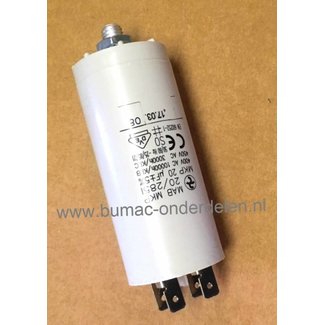 Condensator 20 µF voor Elektrische Grasmaaier, Grasmachine, Hakselaar, Hogedrukreiniger Bosch, Black en Decker, Wolf, Greenway, MTD, Husqvarna, Flymo, Gardena, Brill, Jonsered, Viking, Sabo, Partner, Mcculloch, onderdeel