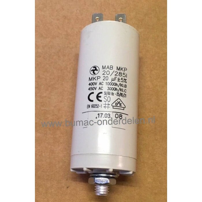 Condensator 20 µF voor Elektrische Grasmaaier, Grasmachine, Hakselaar, Hogedrukreiniger Bosch, Black en Decker, Wolf, Greenway, MTD, Husqvarna, Flymo, Gardena, Brill, Jonsered, Viking, Sabo, Partner, Mcculloch, onderdeel