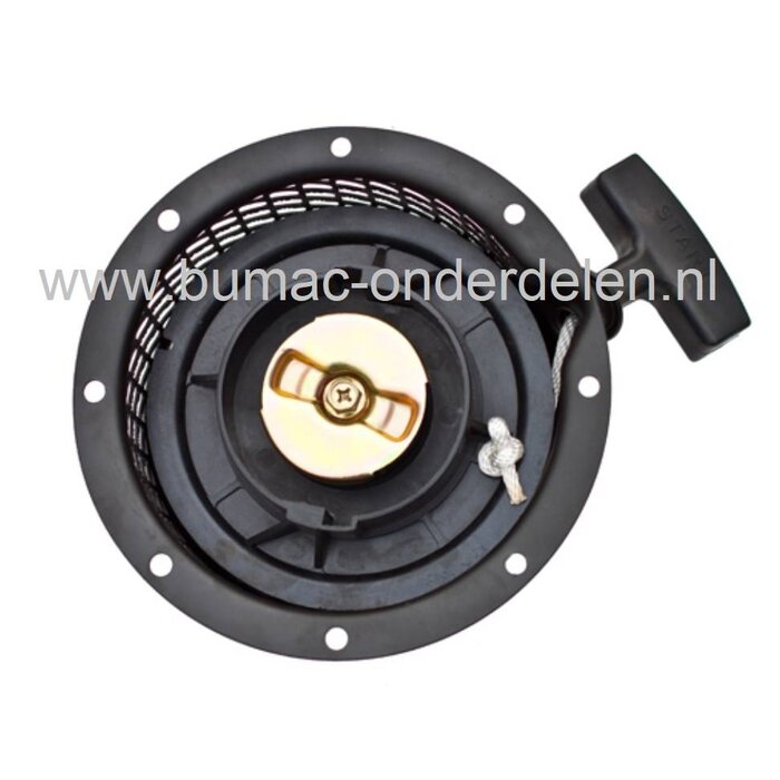 Yanmar Handstarter compleet met stalen huis en aandrijfring Ø80 mm, geschikt voor Yanmar L90, L100 en 186F dieselmotoren – onderdeel toepasbaar op generatoren, trilplaten, aggregaten, tuinfrezen en houtversnipperaars