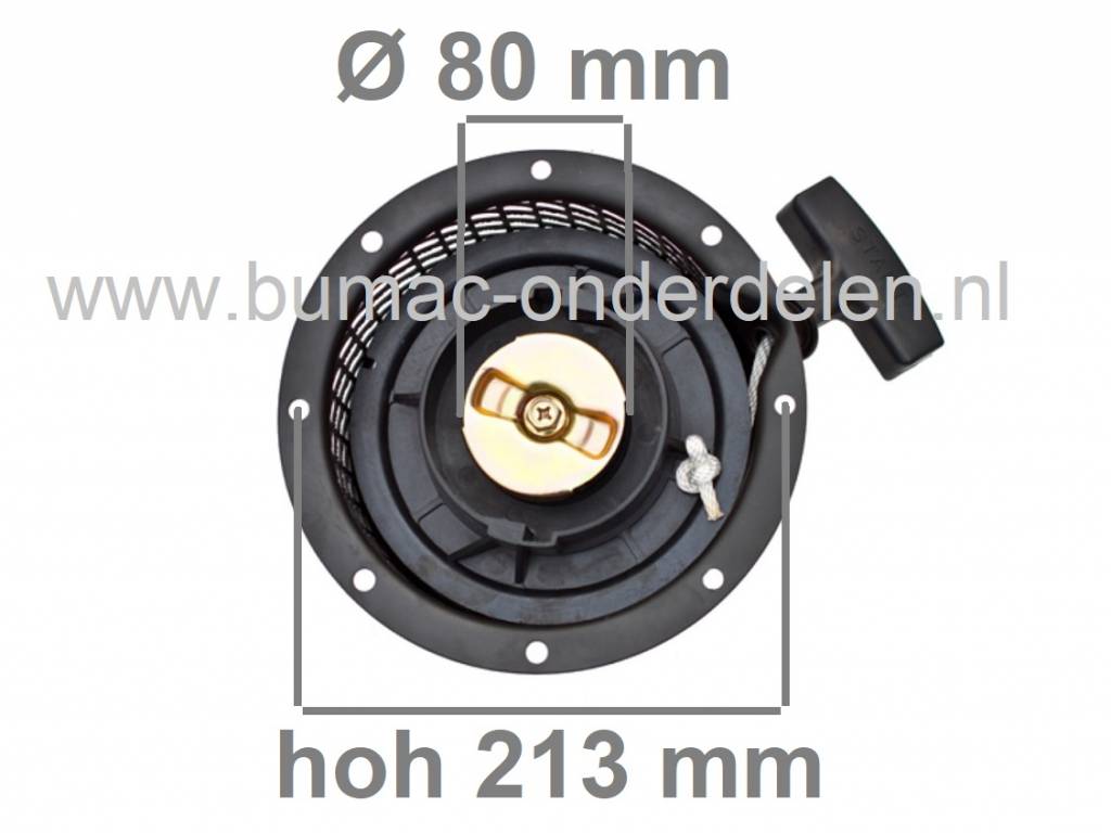 Yanmar Handstarter compleet met stalen huis en aandrijfring Ø80 mm, geschikt voor Yanmar L90, L100 en 186F dieselmotoren – onderdeel toepasbaar op generatoren, trilplaten, aggregaten, tuinfrezen en houtversnipperaars