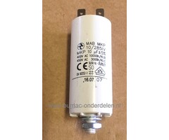Condensator 10 µF voor Elektrische Grasmaaier, Grasmachine, Hakselaar, Hogedrukreiniger, Waterpomp Bosch, Black en Decker, Wolf, Greenway, MTD, Husqvarna, Flymo, Gardena, Brill, Jonsered, Viking, Sabo, Partner, Mcculloch.