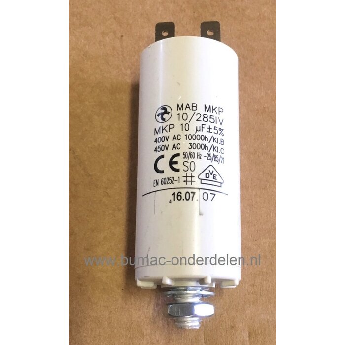 Condensator 10 µFvoor Elektrische Grasmaaier, Grasmachine, Hakselaar, Hogedrukreiniger, Waterpomp Bosch, Black en Decker, Wolf, Greenway, MTD, Husqvarna, Flymo, Gardena, Brill, Jonsered, Viking, Sabo, Partner, Mcculloch.