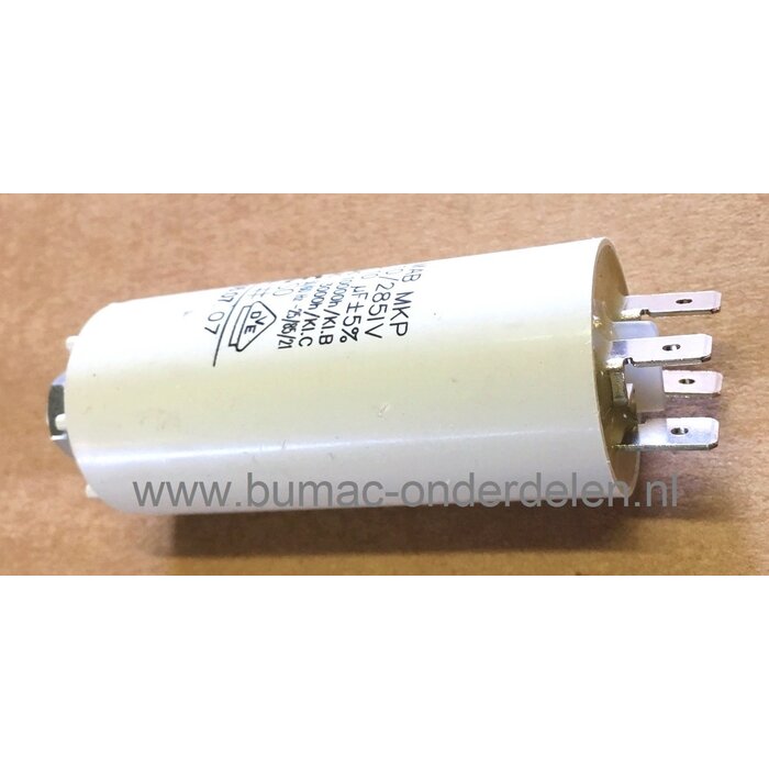 Condensator 10 µFvoor Elektrische Grasmaaier, Grasmachine, Hakselaar, Hogedrukreiniger, Waterpomp Bosch, Black en Decker, Wolf, Greenway, MTD, Husqvarna, Flymo, Gardena, Brill, Jonsered, Viking, Sabo, Partner, Mcculloch.