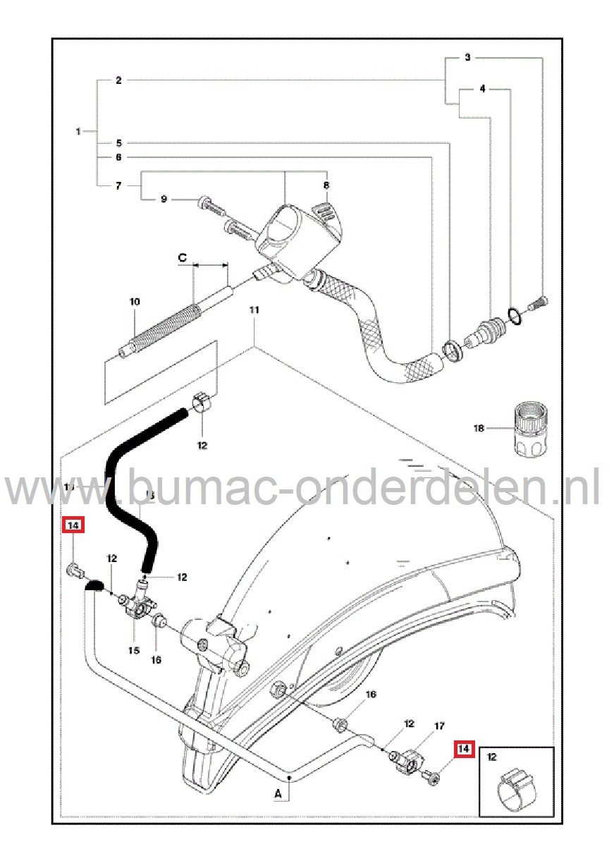 Schroef voor Bevestigen Sproeierhuis Husqvarna, Jonsered, Partner Motorslijpers, Doorslijpmachines, Bout voor HUSQVARNA K30, K40, K750, K760, K960, KV960, K970, K1250, K1260, K2500, K6500, Electrolux  Bandenzaag, Betonzaag, onderdeel