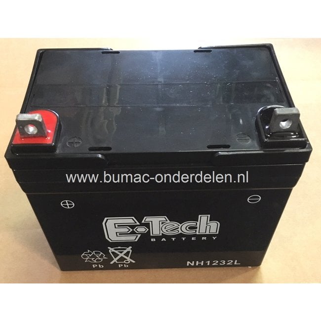 Accu 12 V - 32 Amp + pool Links gezien vanaf de zijde dat de accupolen naar je toe staan Accu voor Zitmaaier, Frontmaaier, Tuintrekker, Trilplaat, Batterij MTD, Yard Man, Murray, AYP, John Deere, Wolf, Husqvarna, Jonsered, Honda, Mountfield, CastelGarden,