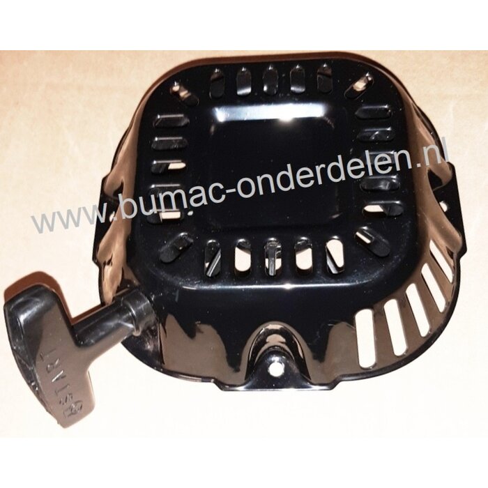 Handstarter met Stalen Behuizing voor Loncin G200FD motor, Startmechanisme met 2 ronde Stalen Startpallen, Startmechanisme voor Grasmaaier, Trilplaat, Generator, Kooimaaier, Houtversnipperaar, Waterpomp, Bladblazer, Veegmachine, G 200 FD, onderdeel