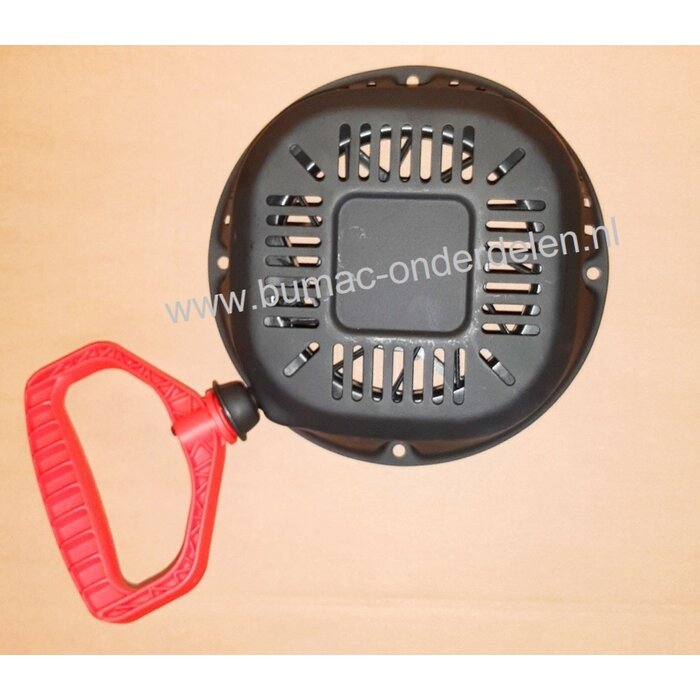 Complete Handstarter met Stalen Behuizing voor Loncin motoren model LC185FDS, Startmechanisme met 2 Stalen Startpallen, Startmechanisme voor Motoren op Grasmaaiers, Trilplaten, Generatoren, Kooimaaiers, Houtversnipperaars, Waterpompen, Compressoren, Bladb