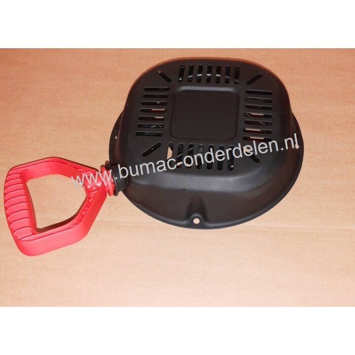 Complete Handstarter met Stalen Behuizing voor Loncin motoren model LC185FDS, Startmechanisme met 2 Stalen Startpallen, Startmechanisme voor Motoren op Grasmaaiers, Trilplaten, Generatoren, Kooimaaiers, Houtversnipperaars, Waterpompen, Compressoren, Bladb