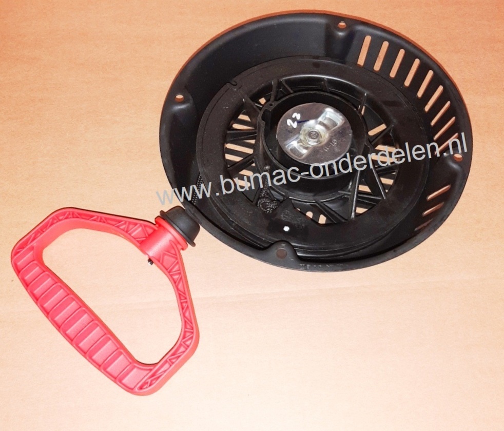 Complete Handstarter met Stalen Behuizing voor Loncin motoren model LC185FDS, Startmechanisme met 2 Stalen Startpallen, Startmechanisme voor Motoren op Grasmaaiers, Trilplaten, Generatoren, Kooimaaiers, Houtversnipperaars, Waterpompen, Compressoren, Bladb
