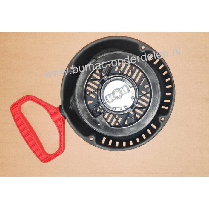 Complete Handstarter met Stalen Behuizing voor Loncin motoren model LC185FDS, Startmechanisme met 2 Stalen Startpallen, Startmechanisme voor Motoren op Grasmaaiers, Trilplaten, Generatoren, Kooimaaiers, Houtversnipperaars, Waterpompen, Compressoren, Bladb