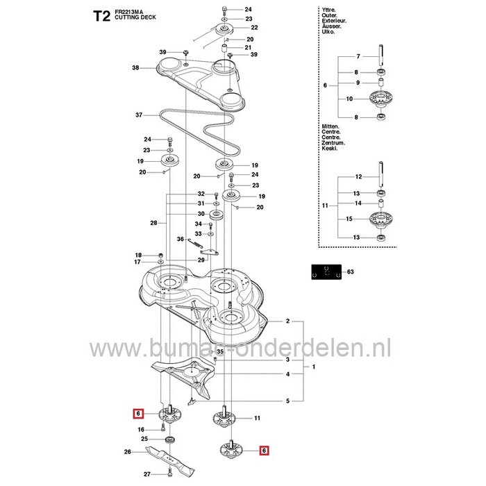 Lagerhuis voor Husqvarna R13, R15, Rider 11, 13, 15, 155, 16, 175, 18, Jonsered FR2111M, FR2113MA, FR2115MA, FR2116, FR2211, FR2213, FR2215, FR2216,  FR2218, Mc Culloch M125-94FH, Partner P11,C94, AYP, Craftsman, Lazer Frontmaaiers, Zitmaaiers, Tuintrekke