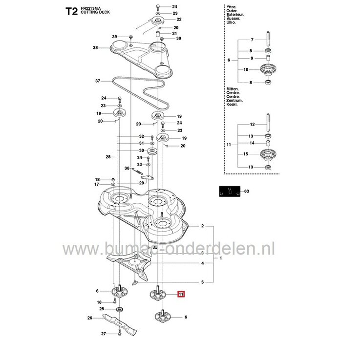 Lagerhuis Compleet voor Husqvarna Rider 11, 13, 15, 16, R13C5, R213, R214, R215, R216, R318, R320, Jonsered FR2211, FR2213, FR2215, FR2216, Mc Culloch M125-94FH, Partner P11-C94, Zenoah FMZ1300, FMZ1400T Frontmaaiers, Zitmaaiers,  Mesas met Huis en Lagers