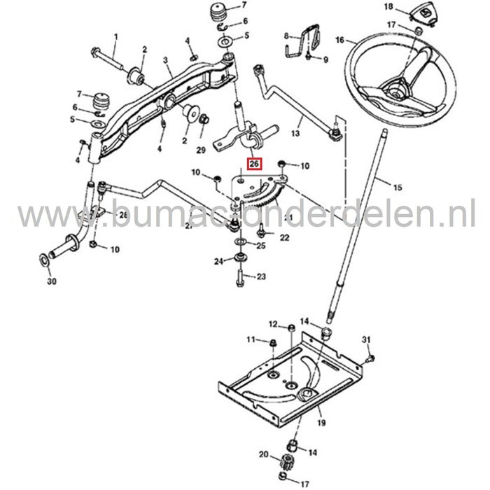 Fusee Rechts voor John Deere en Sabo Zitmaaiers, Rechter Wielas JOHN DEERE, SABO D100, D105, D110, D120, D125, D130, D140, D150, D155, D160, D170, X105, X115R, X125, X135R, X140, X145, X155R, X165, 107H, 107S, 92H, S240