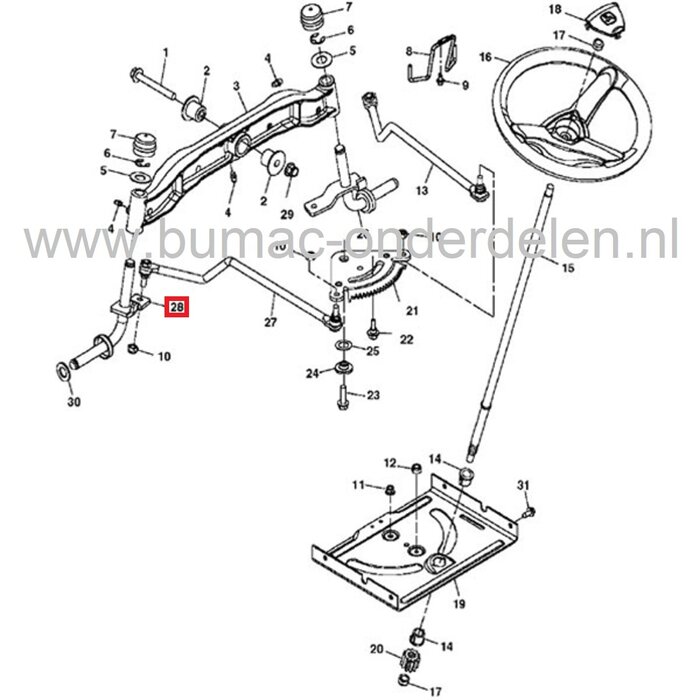 Fusee Links voor John Deere en Sabo Zitmaaiers, Linker Wielas JOHN DEERE, SABO D100, D105, D110, D120, D125, D130, D140, D150, D155, D160, D170, X105, X115R, X125, X135R, X140, X145, X155R, X165, 107H, 107S, 92H, S240