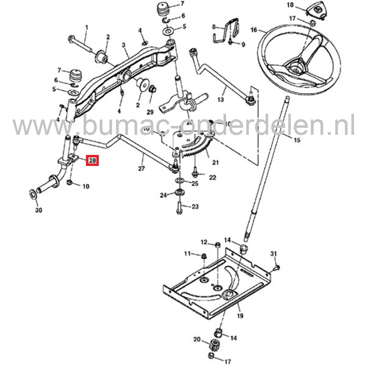 Fusee Links voor John Deere en Sabo Zitmaaiers, Linker Wielas JOHN DEERE, SABO D100, D105, D110, D120, D125, D130, D140, D150, D155, D160, D170, X105, X115R, X125, X135R, X140, X145, X155R, X165, 107H, 107S, 92H, S240