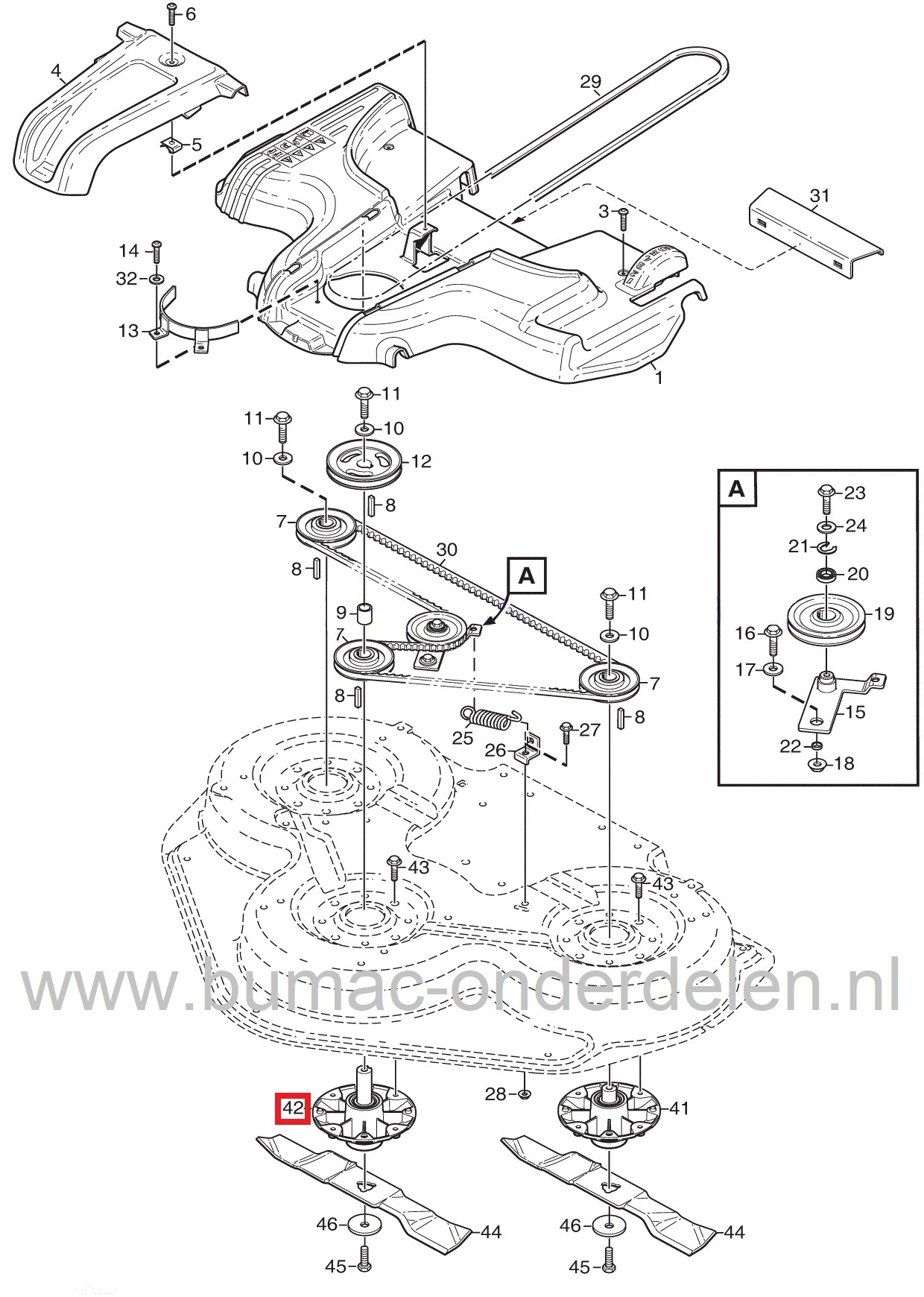Lagerhuis Compleet voor Stiga, Castelgarden, Alpina, Mountfield, Frontmaaiers, Park 100 Combi 3, Park 110 Combi Pro, Park 125 Combi Pro, Mesas Lange As met Huis en Lagers, Castel Garden