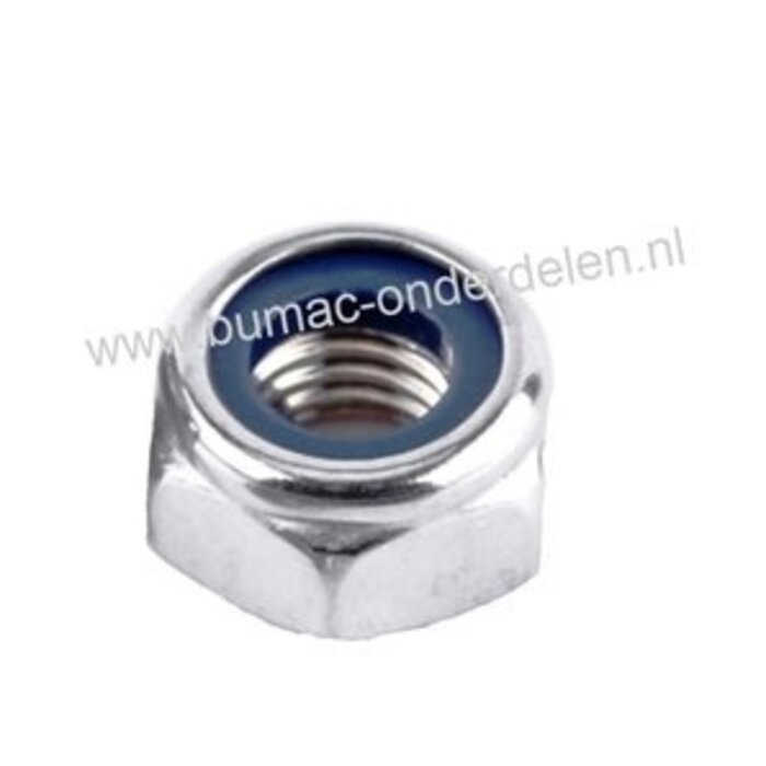 Borgmoer  staal verzinkt Zelfborgende zeskantmoer M10x1.50, voorzien van een nylon ring om de moeren te borgen tegen loslopen/lostrillen,  Draad diameter M10,  Schroefdraad M10 x 1.50, Sleutelmaat 17 mm,  Hoogte 6,5 mm