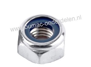 Borgmoer  staal verzinkt Zelfborgende zeskantmoer M10x1.50, voorzien van een nylon ring om de moeren te borgen tegen loslopen/lostrillen,  Draad diameter M10,  Schroefdraad M10 x 1.50, Sleutelmaat 17 mm,  Hoogte 6,5 mm