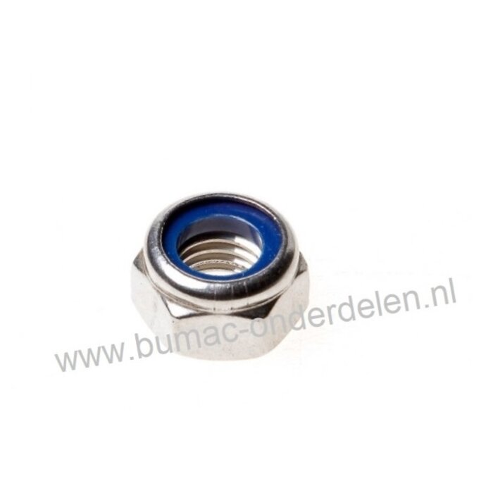Zelfborgende Roestvrij Stalen Moer, RVS Borgmoer M14x2, Draaddiameter M14, Schroefdraad, M14 x 2, Sleutelmaat 22, Hoogte 14 mm, Klasse 8.8, Zeskant Borgmoer, voorzien van een nylon ring om de moeren te borgen tegen loslopen/lostrillen.