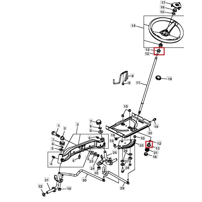 Geleidebus voor Stuuras van John Deere Zitmaaier, Tuintrekker 102, 105, 115, 125, 135, 145,  155C, 190C, D100, D110, D120, D125, D130, D140, D150, D160, D170, L100, L105, L107, L108, L110, L111, L118, L120, L130, LA100, LA105, LA110, LA115, LA120, LA125,