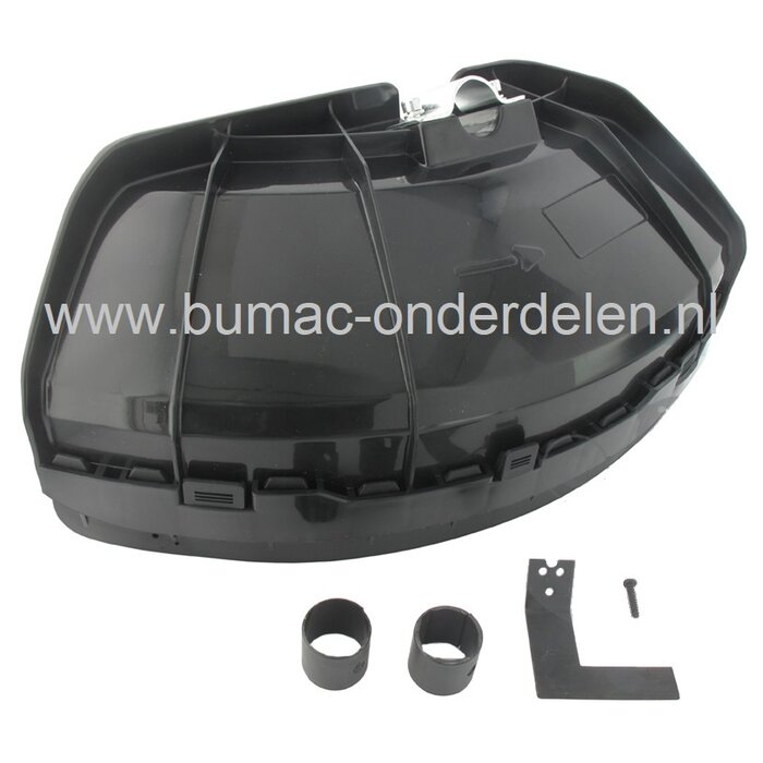 Universele Beschermkap / Mesafscherming Kunststof 380 mm met Metalen Montagebeugel – Inclusief 2 Reduceerringen voor Ø 24 en 26 mm – Geschikt voor Stihl, Husqvarna, Kawasaki, Echo, Shindaiwa, Makita, Jonsered en Meer – Voor Nylon Draadkop en Stalen Messen