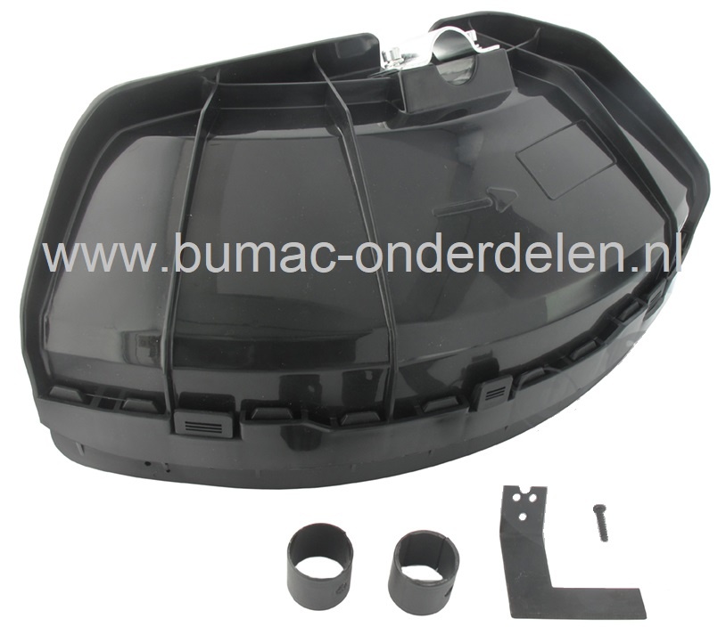 Universele Beschermkap / Mesafscherming Kunststof 380 mm met Metalen Montagebeugel – Inclusief 2 Reduceerringen voor Ø 24 en 26 mm – Geschikt voor Stihl, Husqvarna, Kawasaki, Echo, Shindaiwa, Makita, Jonsered en Meer – Voor Nylon Draadkop en Stalen Messen