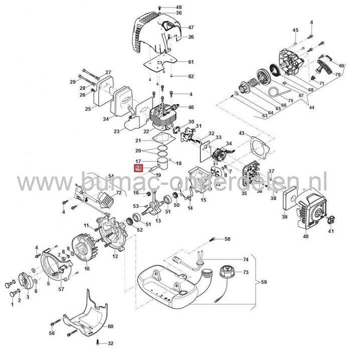 Pistonpen voor Castelgarden, Stiga, Alpina, Mountfield Bosmaaiers, Trimmers, Bermmaaiers, ABR42, ABR42D, B42, B42D, CB142, EP420G, OKAY 4516MS, SBC242, SBC242D, SBC243D, TB422D, XB242D, GGP Motordelen