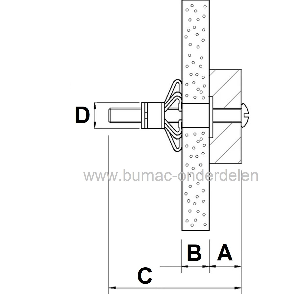 Hollewandplug verzinkt  M6X52 mm voor bevestigingen aan Gipsplaten, Hardboard en Plaatmateriaal 7-21 mm Metalen Plug met Schroef met metrische schroefdraad Boorgat Ø 12 mm