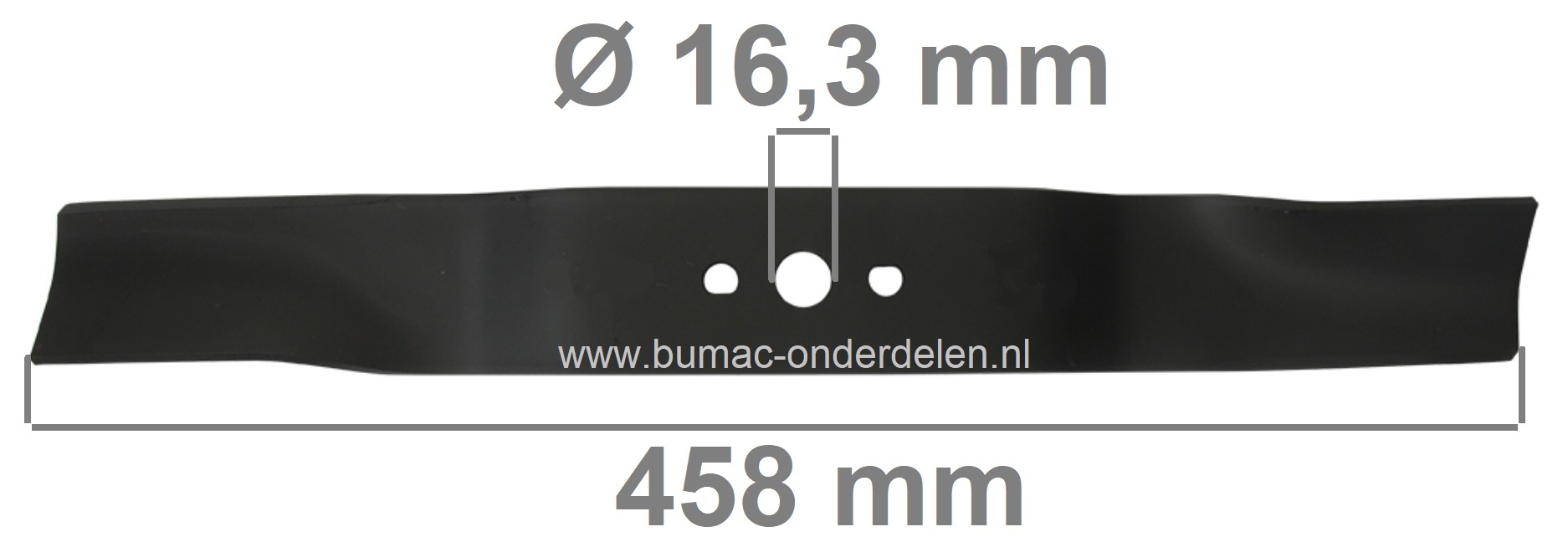 Maaimes 45,8 Cm voor Daye DYM1463 en DYM1486 Grasmaaiers, Cirkelmaaiers, Loopmaaiers, DAYE Grasmaaiermes, Lengte 458 mm, Asgat 16,3 mm, Zijgaten 10x8,6 mm, Hart op Hart Afstand 48 mm, Breedte 55 mm