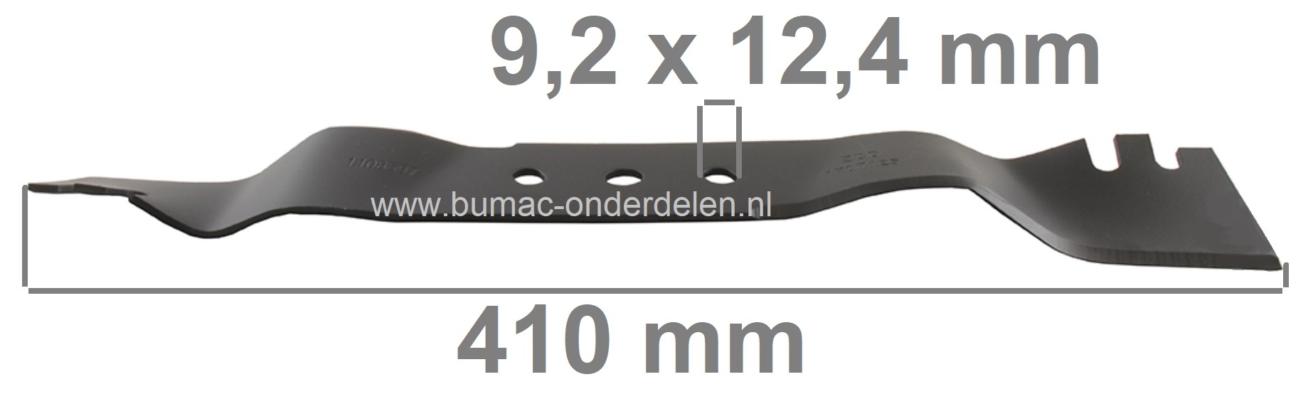 Maaimes 41 Cm voor Daye DYM1553 Grasmaaiers, Cirkelmaaiers, Loopmaaiers, DAYE Mulchmes, Gatormes, Lengte 410 mm, Asgat 12 mm, Zijgaten 9,2x12,4 mm, Hart op Hart Afstand 61,5 mm, Breedte 55 mm, onderdeel