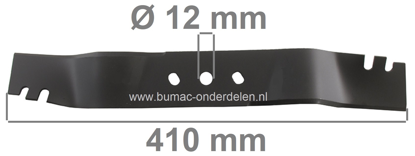Maaimes 41 Cm voor Daye DYM1553 Grasmaaiers, Cirkelmaaiers, Loopmaaiers, DAYE Mulchmes, Gatormes, Lengte 410 mm, Asgat 12 mm, Zijgaten 9,2x12,4 mm, Hart op Hart Afstand 61,5 mm, Breedte 55 mm, onderdeel