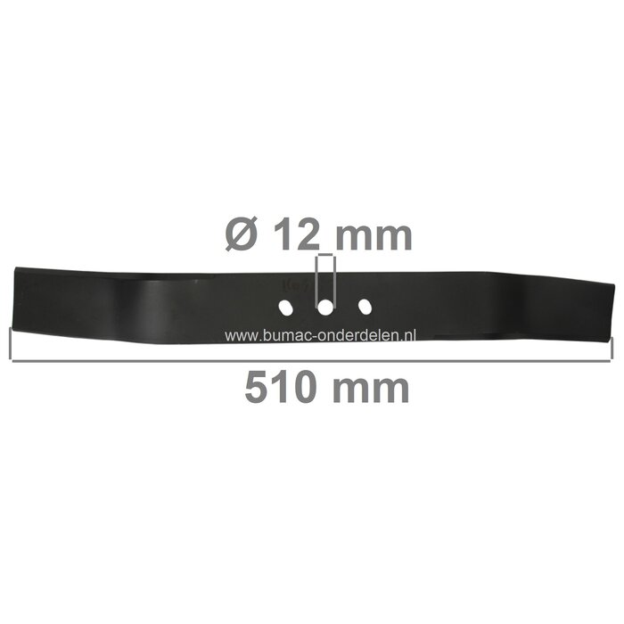 Maaimes 51 Cm voor Daye DYM1578 en DYM1778 Grasmaaiers, Cirkelmaaiers, Loopmaaiers, DAYE Mulchmes, Lengte 510 mm, Asgat 12 mm, Zijgaten 9,1x12,6 mm, Hart op Hart Afstand 61,6 mm, Breedte 55 mm