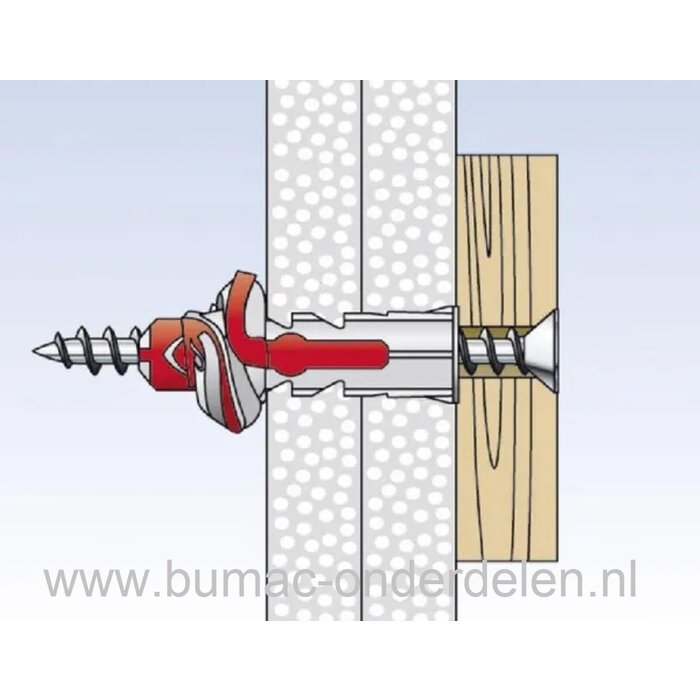 Muurplug 6X30 mm + Schroef voor Baksteen, Beton, Gipsplaat, Kalkzandsteen, Cellenbeton, Spaanplaat, Gipsblokken, Natuursteen, Plug Activeert Optimale Werkingsprincipe: Spreiden - Vouwen - Knopen, Afhankelijk van de Ondergrond, De vertande anti-rotatievleu